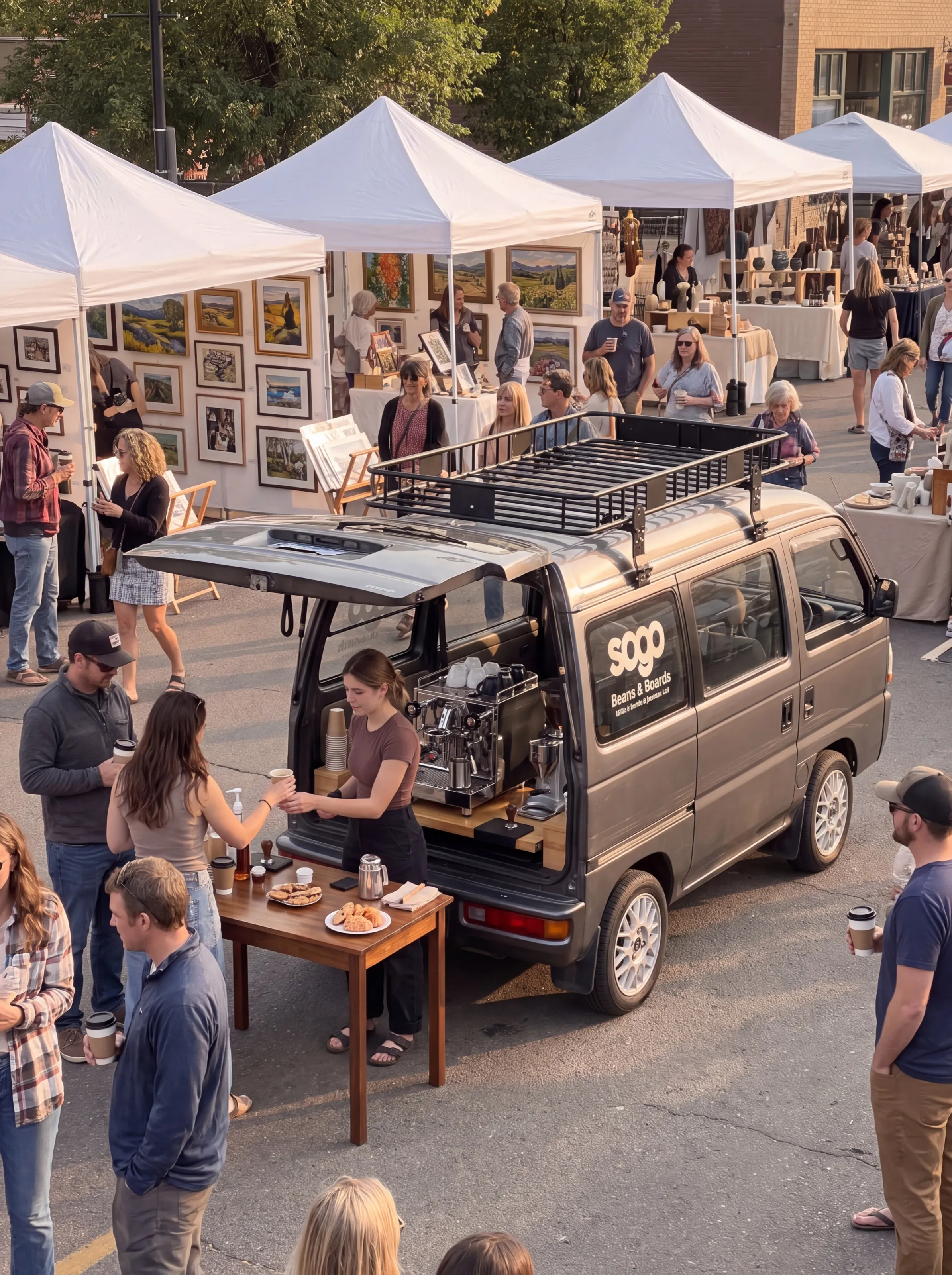 A barista serving coffee from the SOGO Beans & Boards van at a busy outdoor art and craft market, with white vendor tents and browsing shoppers around it