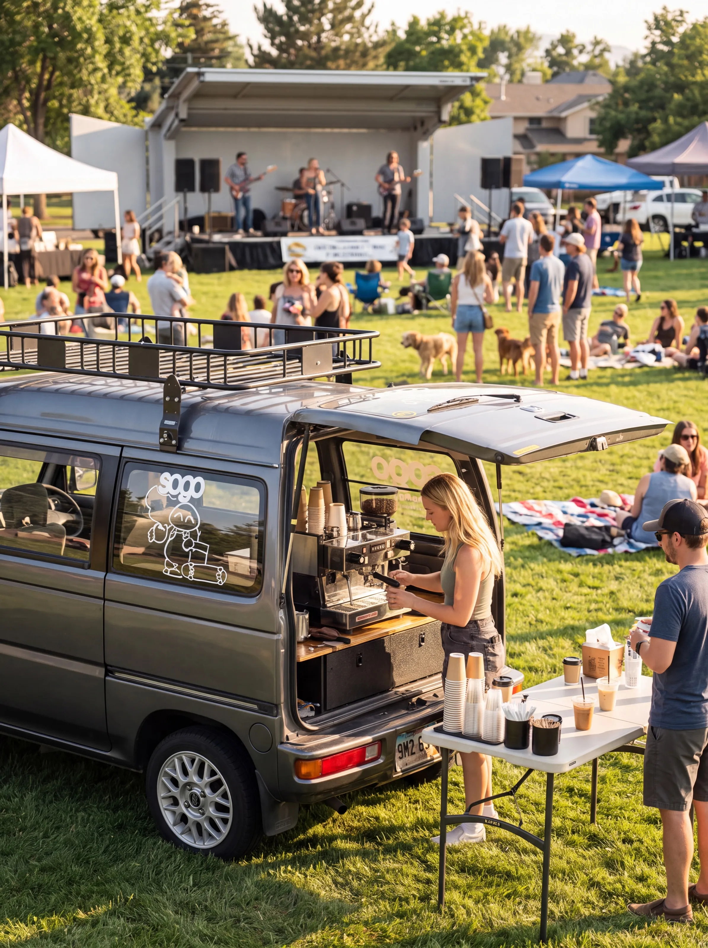 The SOGO Beans & Boards van parked on the grass at an outdoor concert in a park, a barista making drinks while a band plays and families sit on blankets