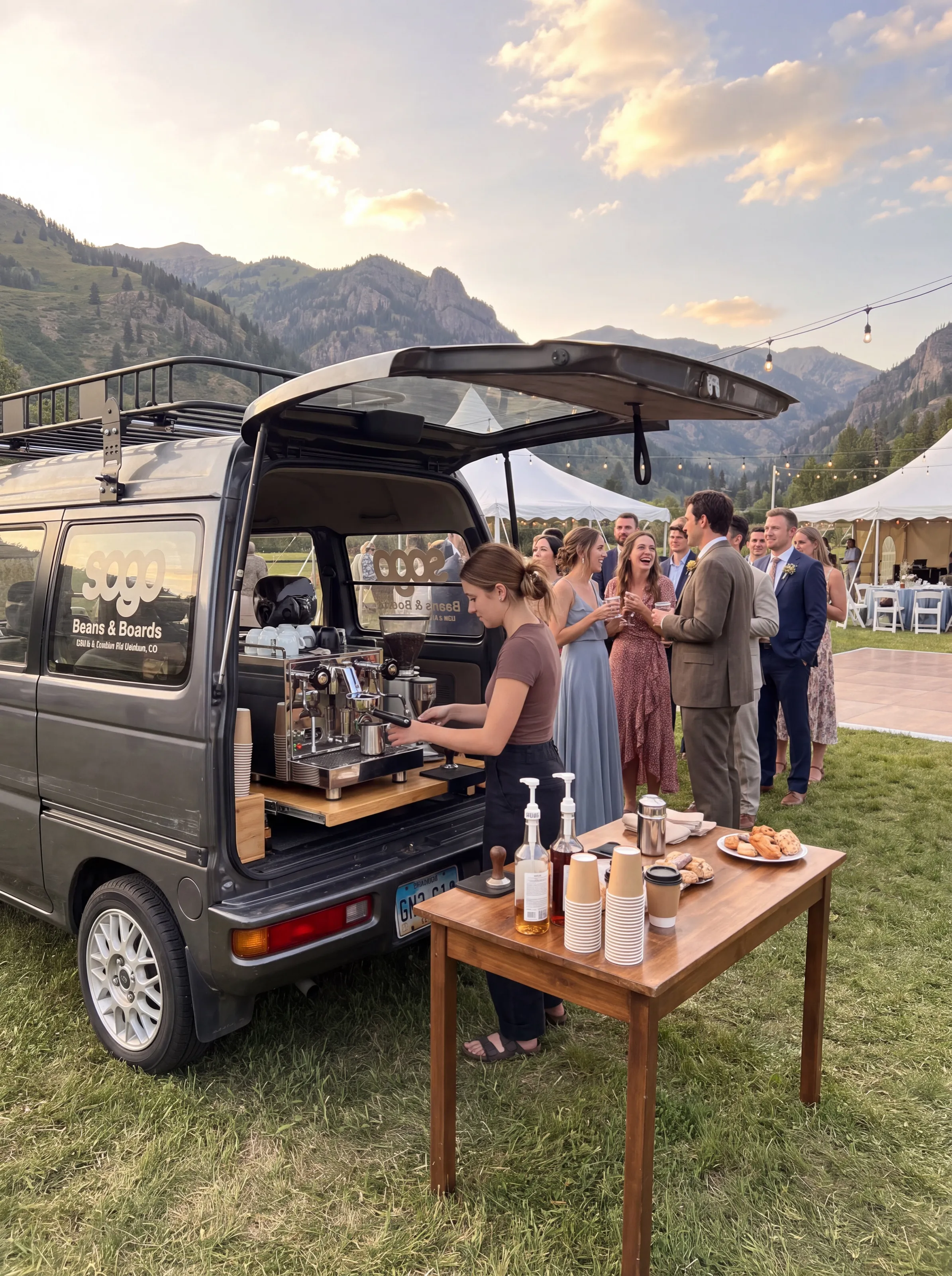 A barista pulling espresso from the SOGO Beans & Boards coffee van at an outdoor mountain wedding, with guests waiting beside a table of cups and pastries