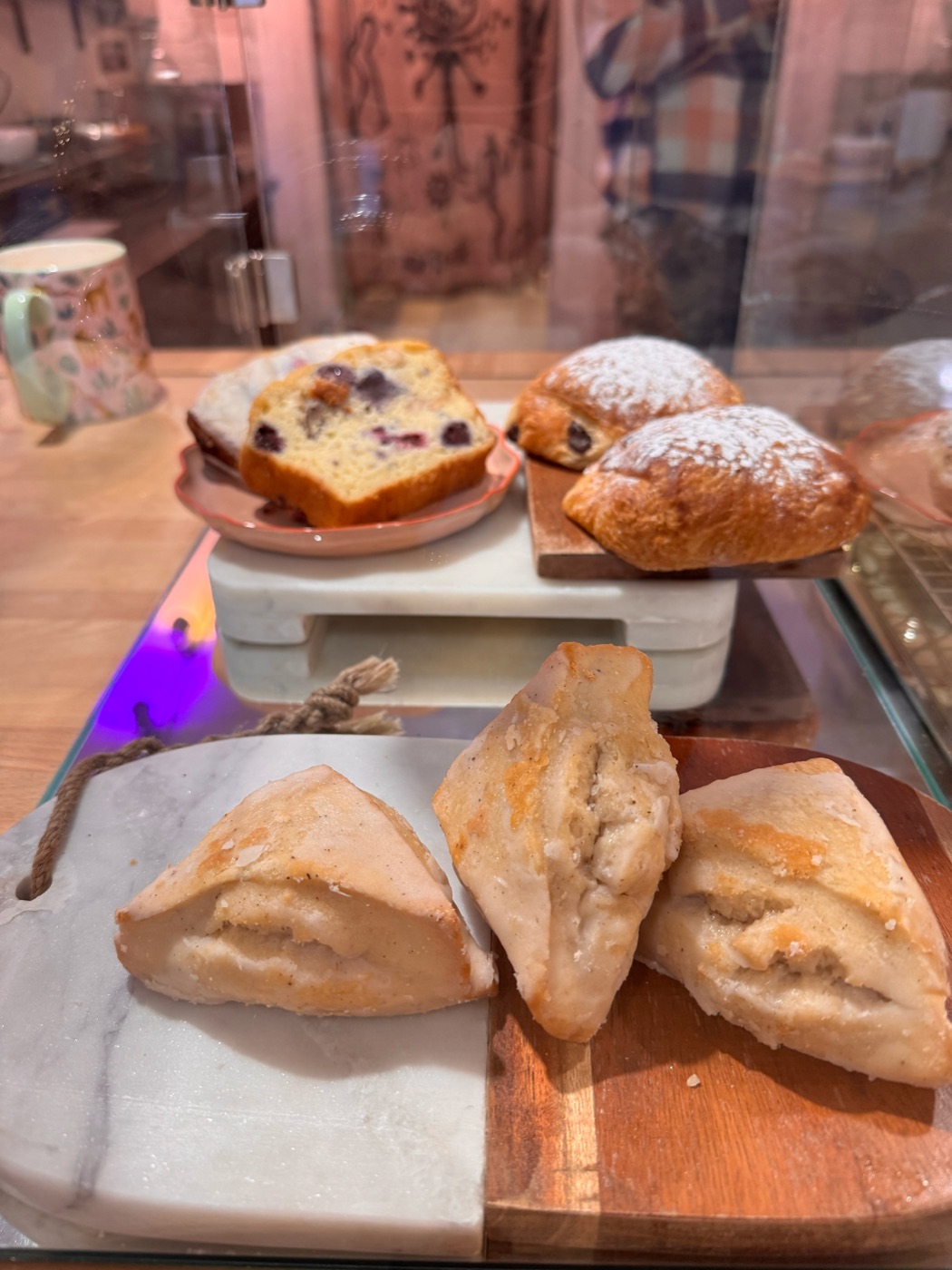 Fresh-baked breads and pastries in the case